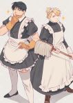  1boy 1girl alternate_costume apron black_dress black_eyes black_hair blonde_hair broom closed_mouth crossdressing dress english_commentary enmaided fullmetal_alchemist gloves hand_on_own_chin highres holding holding_broom maid maid_day maid_headdress open_mouth orange_eyes raicchi_(raicchi96) riza_hawkeye roy_mustang short_sleeves smile standing thighhighs waist_apron white_apron white_legwear 