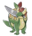  2019 3_toes ambiguous_gender apple appletun bemusedbehemoth feet feral food food_creature fruit green_body green_tail holding_object holding_weapon knife melee_weapon nintendo plant pok&eacute;mon pok&eacute;mon_(species) quadruped simple_background solo toes video_games weapon white_background yellow_body 