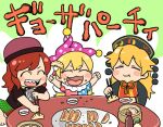  3girls :d :t american_flag_shirt arms_up black_dress blonde_hair chopsticks closed_eyes clownpiece commentary_request dress dumpling eating food food_on_face fork green_background hat hecatia_lapislazuli holding holding_chopsticks holding_fork jester_cap jiaozi junko_(touhou) koyama_shigeru long_hair long_sleeves multiple_girls open_mouth plaid plaid_skirt plate polka_dot_headwear polos_crown red_hair sharp_teeth shirt short_hair short_sleeves skirt smile soy_sauce t-shirt tabard table teeth touhou translation_request two-tone_background upper_teeth very_long_hair white_background younger 