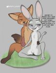  absurd_res balls canid canine disney duo english_text erection female fluffytuft fox fur genitals hi_res judy_hopps lagomorph leporid male mammal nick_wilde nude penis pussy rabbit smile text tongue zootopia 