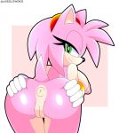  amy_rose anthro anus bedroom_eyes bent_over big_breasts breasts butt double_v_sign eulipotyphlan female genitals gesture green_eyes hand_on_butt hedgehog hi_res huge_breasts jasienorko looking_at_viewer looking_back mammal narrowed_eyes navel nipples puffy_nipples pussy seductive smile solo sonic_the_hedgehog_(series) spread_butt spreading tongue tongue_out v_sign wide_hips 