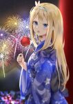  1girl :o blonde_hair blue_eyes blue_hairband blue_kimono blush bunny_hair_ornament candy_apple fireworks food from_side girls_frontline hair_between_eyes hair_ornament hairband highres japanese_clothes kimono long_hair looking_at_viewer open_mouth solo summer_festival suomi_kp31_(girls_frontline) torii u.b_m1s2s wide_sleeves yukata 