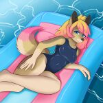  anthro blonde_hair blue_eyes breasts brown_body brown_fur canid canine canis clothed clothing dutchsyndicalist female fur hair hi_res looking_at_viewer mammal multicolored_body multicolored_fur multicolored_hair outside pink_hair pool_float pool_toy smile solo swimwear trans_(lore) trans_woman_(lore) water wolf 