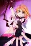  1girl arm_up black_gloves closed_mouth cure_black fingerless_gloves futari_wa_precure gloves heart ixy looking_at_viewer magical_girl midriff misumi_nagisa navel orange_eyes orange_hair precure short_hair smile solo 