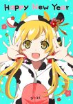  1girl 2021 :d animal_costume animal_ears animal_print bangs blonde_hair blue_background blush_stickers chinese_zodiac commentary_request cow_costume cow_ears cow_hood cow_horns cow_print english_text fake_animal_ears fake_horns fangs flower green_flower hands_up happy happy_new_year highres horns long_hair looking_at_viewer mashimaro_tabetai monogatari_(series) new_year open_mouth oshino_shinobu red_flower shiny shiny_hair smile solo upper_body year_of_the_ox yellow_eyes 