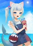  1girl animal_ear_fluff animal_ears bag bangs beach blue_eyes blue_hair blue_nails blue_skirt blue_vest blunt_bangs blush buttons cat_ears cowboy_shot fish_tail food food_on_face gawr_gura gotoh510 hair_cubes hair_ornament highres holding hololive ice_cream ice_cream_cone long_hair looking_at_viewer multicolored_hair ocean official_alternate_costume open_mouth outdoors shark_tail sharp_teeth shirt shoulder_bag side_ponytail sidelocks skirt skirt_set sky solo streaked_hair tail teeth vest virtual_youtuber white_hair white_shirt 