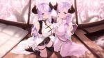  2girls asymmetrical_gloves bangs blush braid breasts cait_aron cleavage collarbone draph dress elbow_gloves gloves granblue_fantasy hair_ornament hair_over_one_eye hairclip highres horns large_breasts laruna_(granblue_fantasy) long_hair mother_and_daughter multiple_girls narmaya_(granblue_fantasy) pink_hair pointy_ears short_dress sitting smile thighs 