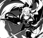  1girl bangs blood blood_on_face cape dress fate/grand_order fate_(series) floating_cape floating_hair greyscale highres holding holding_sword holding_weapon longlong_(drasdr7513) looking_at_viewer medium_hair monochrome okita_souji_(alter)_(fate) okita_souji_(fate)_(all) sidelocks slashing solo sword thighhighs tied_hair weapon 