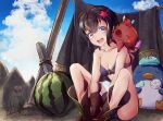  1girl :d bandeau bare_shoulders bikini bird black_hair breasts clear_glass_(mildmild1311) cleavage clothes_removed collarbone cosplay fire_emblem fire_emblem_awakening fire_emblem_heroes food fruit hair_ornament highres holding holding_food ice_cream ice_cream_cone looking_at_viewer morgan_(fire_emblem) morgan_(fire_emblem)_(female) octopus open_mouth outdoors penguin popsicle purple_eyes robe robin_(fire_emblem) robin_(fire_emblem)_(female) robin_(fire_emblem)_(female)_(cosplay) sitting small_breasts smile solo strapless strapless_bikini swimsuit watermelon 