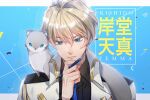  1boy animal_on_shoulder black_shirt blonde_hair blue_eyes blue_neckwear character_name collared_shirt english_commentary ferret hair_between_eyes hand_on_own_chin head_tilt highres hiyamaru holding holding_pen holostars jacket kishido_temma lins_(linszhz) male_focus necktie pen shirt solo thinking white_jacket 