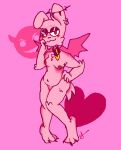  anthro breasts collar demon exposed_breasts female fur gynomorph halo hand_on_hip hybrid intersex lagomorph leporid looking_at_viewer mammal miamihotlines pink_body pink_fur rabbit solo solo_focus wings 