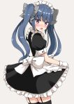  1girl :o aikawa_ryou alternate_costume alternate_hairstyle apron black_dress black_legwear blue_hair blush bow dress eyebrows_visible_through_hair frilled_dress frills garter_straps gloves grey_bow hair_bow highres long_hair looking_at_viewer looking_back maid maid_apron maid_headdress purple_eyes shima_rin simple_background skirt_hold solo thighhighs turning_head twintails very_long_hair white_background white_bow white_gloves yurucamp zettai_ryouiki 
