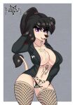  absurd_res alys_faiblesse_(zelripheth) anthro arm_tuft big_breasts big_butt black_eyeshadow black_hair blasphemy blush bodily_fluids breasts butt camel_toe canid canine canis clothing collar covering covering_breasts cross domestic_dog drooling eyeshadow female fishnet fishnet_legwear fluffy_ears genitals hair hi_res invalid_tag jacket legwear makeup mammal navel patch_(fabric) pentagram ponytail poodle pulling_underwear purple_eyes pussy saliva saliva_string simple_background solo tail_tuft tattoo thong topwear tuft underwear womb_tattoo wrist_tuft zelripheth 