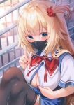 1girl akai_haato aqua_eyes bangs blonde_hair breasts cleavage commentary_request highres hololive large_breasts long_hair looking_at_viewer magowasabi mask mouth_mask one_side_up partially_unbuttoned signature sitting solo thighhighs twitter_username virtual_youtuber 