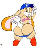 anthro big_butt butt clothed clothing cream_the_rabbit dipstick_ears female happy hat headgear headwear hi_res huge_butt lagomorph leporid looking_at_viewer looking_back mammal multicolored_ears open_mouth open_smile orange_eyes rabbit skimpy smile solo sonic_the_hedgehog_(series) thecon thick_thighs wide_hips 