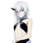  1girl abyssal_ship aqua_eyes bangs bikini black_bikini breasts closed_mouth flower hair_between_eyes horns kantai_collection long_hair medium_breasts ne-class_heavy_cruiser pale_skin porupurucha simple_background single_horn solo swimsuit upper_body white_background white_hair 