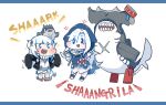  abyssal_ship alternate_costume animal_hood bangs bloop_(gawr_gura) blue_eyes blue_hoodie blunt_bangs blush chibi cosplay costume_switch english_text fish_tail gawr_gura hair_ornament hammerhead_shark hi_ye hololive hololive_english hood hoodie kantai_collection long_sleeves multicolored_hair scar shark_girl shark_hair_ornament shark_hood shark_print shark_tail sharp_teeth silver_hair south_pacific_aircraft_carrier_princess streaked_hair tail teeth twitter_username two_side_up virtual_youtuber wide_sleeves 