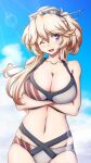  547th_sy alternate_costume alternate_hairstyle bikini blonde_hair blue_eyes blue_sky breasts cloud collarbone cowboy_shot day headgear highres iowa_(kancolle) kantai_collection large_breasts long_hair navel one_eye_closed outdoors ponytail sky standing star-shaped_pupils star_(symbol) striped striped_bikini swimsuit symbol-shaped_pupils white_bikini 