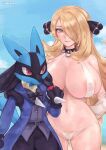  1girl absurdres blonde_hair breasts closed_mouth clothed_pokemon cloud collar commentary covered_nipples cynthia_(pokemon) day eyelashes female_pubic_hair gen_4_pokemon grey_eyes hair_ornament hair_over_one_eye highres holding holding_poke_ball long_hair lucario navel norza outdoors pet_play poke_ball poke_ball_(basic) pokemon pokemon_(creature) pokemon_(game) pokemon_dppt pubic_hair role_reversal shiny shiny_skin signature sky smile spiked_collar spikes swimsuit white_swimsuit 