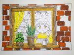  1girl brick_wall curtains hand_up highres kitamurashu long_sleeves open_mouth original plant potted_plant shadow short_hair solo sweater white_hair window yellow_eyes yellow_sweater 