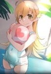  1girl ball beachball blonde_hair blush_stickers fang gesugesu_ahoaho highres holding holding_ball looking_at_viewer monogatari_(series) oshino_shinobu partially_submerged pointy_ears skin_fang smile solo swimsuit white_swimsuit yellow_eyes 