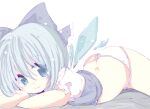  1girl arms_up bangs blue_eyes blue_hair bow cirno clothes_lift crossed_arms flat_chest hair_bow inasa_orange looking_at_viewer lying on_stomach panties shirt_lift short_hair smile thighs touhou underwear 