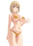  1girl absurdres arm_behind_back bangs bare_arms bare_legs bare_shoulders bikini bikini_lift blonde_hair blue_eyes breasts cameltoe cleavage collarbone eyebrows_visible_through_hair gold_bikini groin halterneck highres large_breasts light_blush marui_koishi medium_breasts navel original simple_background smile solo swimsuit swimwear thighs underboob white_background 