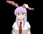  1girl animal_ears black_background bunny_ears eyebrows_visible_through_hair koyama_shigeru long_hair looking_at_viewer necktie parted_lips purple_hair red_eyes red_neckwear reisen_udongein_inaba shaded_face shirt short_sleeves simple_background solo standing touhou upper_body very_long_hair white_shirt 