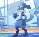  artist_name closed_mouth commentary_request from_below gen_4_pokemon highres looking_at_viewer lucario momota_pix orange_eyes pipes pokemon pokemon_(creature) smile solo spikes standing yellow_fur 