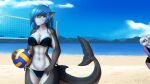  absurd_res anthro beach being_watched bikini blue_hair breasts clothing day erika_(ambris) female fish grey_body hair hi_res holding_object looking_at_another looking_at_viewer marine navel non-mammal_breasts piercing seaside shark smile solo solo_focus sport swimwear volleyball xaenyth 