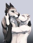  2015 absurd_res anthro arctic_fox black_body black_fur black_nose brown_eyes canid canine canis digital_media_(artwork) duo eyes_closed fox fur grey_body grey_fur hi_res holding_arm hug kissing male male/male mammal nude simple_background snowfoxatheart standing white_body white_fur wolf 