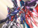  artist_name clenched_hand dated destiny_gundam eiji_(tfkn2723) green_eyes gun gundam gundam_seed gundam_seed_destiny highres holding holding_gun holding_weapon looking_ahead mecha mobile_suit no_humans science_fiction solo thrusters v-fin weapon 