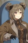  1girl blush breasts brown_hair commission couch double_bun girls_frontline highres kion-kun medium_breasts meme official_alternate_costume p90_(girls_frontline) pixiv_request pooh short_hair sitting smile smug solo twitter_username winnie_the_pooh 