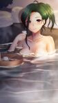  1girl breasts closed_mouth collarbone completely_nude doukyuusei_another_world game_cg green_hair holding kakyuusei long_hair looking_at_viewer medium_breasts mitsuki_shizuka navel nude official_art onsen partially_submerged purple_eyes shiny shiny_hair sitting smile solo tied_hair 