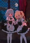  2girls absurdres alternate_costume apron aqua_hair bangs black_dress black_neckwear blonde_hair blush buttons clenched_hands cloud cloudy_sky dress fangs flandre_scarlet hands_together highres looking_at_viewer maid maid_apron maid_day maid_headdress moon multiple_girls night night_sky no_lineart one_side_up open_mouth own_hands_together puffy_short_sleeves puffy_sleeves red_eyes reddizen remilia_scarlet ribbon short_hair short_sleeves side_ponytail sky thighhighs touhou waist_bow window wrist_cuffs wrist_ribbon 