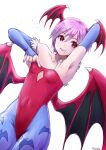  1girl animal_print arm_up armpits artist_name bare_shoulders bat_print blue_gloves blue_legwear breasts bridal_gauntlets cowboy_shot demon_girl demon_wings dutch_angle flat_chest gloves head_wings highleg highleg_leotard highres leotard lilith_aensland looking_to_the_side nayuhi_(yukimuu14) open_mouth pantyhose print_legwear purple_hair red_eyes red_leotard red_wings short_hair signature small_breasts smile solo teeth vampire_(game) very_short_hair white_background wings 