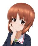  1girl brown_eyes brown_hair eyebrows_visible_through_hair girls_und_panzer head_rest kayabakoro nishizumi_miho ooarai_military_uniform orange_hair smile solo upper_body white_background 