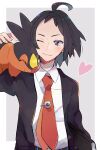  1boy ahoge black_hair black_jacket blush book border breast_pocket cheren_(pokemon) closed_mouth collared_shirt commentary commentary_request gen_5_pokemon hand_up heart highres jacket male_focus necktie ohds101 one_eye_closed outside_border pocket pokemon pokemon_(creature) pokemon_(game) pokemon_bw2 pokemon_on_arm shirt smile starter_pokemon tepig white_border white_shirt 