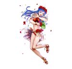  1girl bangs bare_arms bikini blue_eyes blue_hair bracelet breasts bunbun fingernails fire_emblem fire_emblem:_the_binding_blade fire_emblem_heroes flower full_body hair_ornament head_wreath hibiscus high_heels highres holding jewelry leaf lilina_(fire_emblem) long_hair medium_breasts navel official_art open_mouth petals red_bikini sandals shiny shiny_hair solo stomach swimsuit toeless_footwear toes torn_clothes transparent_background updated_art 