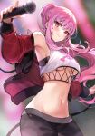  1girl armpits ayamy bangs black_pants breasts eyebrows_visible_through_hair highres holding holding_microphone hololive hololive_english jacket long_hair looking_at_viewer medium_breasts microphone midriff mori_calliope navel pants pink_hair ponytail red_eyes red_jacket skull_and_crossbones smile solo underboob virtual_youtuber 