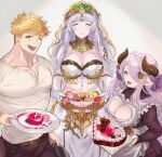  1boy 2girls apron bangs bare_shoulders belt blonde_hair blue_eyes blunt_bangs bow braid breasts brown_belt brown_pants cake cleavage cleavage_cutout closed_eyes closed_mouth clothing_cutout commentary_request cookie crown_braid dessert draph echidna_(granblue_fantasy) elbow_gloves food frilled_apron frills gloves granblue_fantasy green_eyes hair_bow hair_ornament hair_over_one_eye heart heart_cutout heart_hair_ornament highres holding holding_food horns jewelry large_breasts long_hair long_sleeves male_cleavage midriff mm86262394 mother&#039;s_day multiple_girls narmaya_(granblue_fantasy) neck_ring one_eye_closed one_eye_covered open_mouth pants pointy_ears purple_bow purple_hair ribbed_sweater shirt short_hair silver_hair single_braid sleeves_past_wrists smile sparkle strapless sweater turtleneck vane_(granblue_fantasy) veil white_apron white_gloves white_shirt 