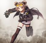  1girl blush breasts bullpup commission double_bun girls_frontline gun highres light_brown_hair medium_breasts p90 p90_(girls_frontline) red_eyes short_hair skeb_commission skindentation smile solo submachine_gun thighhighs weapon yakob_labo 