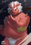  2021 asian_clothing asian_mythology belly black_nose cai1448331577 clothing demon east_asian_clothing east_asian_mythology fundoshi hi_res horn humanoid_hands japanese_clothing japanese_mythology kemono male mythology oni overweight overweight_male red_body solo underwear yōkai 