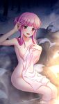  1girl :d adjusting_hair armpits bangs blush breasts cleavage collarbone doukyuusei doukyuusei_another_world eyebrows_visible_through_hair game_cg hair_over_shoulder looking_at_viewer medium_breasts night official_art onsen open_mouth pink_hair red_eyes sakuragi_mai shiny shiny_hair sitting smile solo tied_hair under_covers 