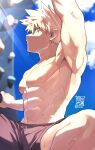  1boy abs absurdres arm_up armpits artist_name bakugou_katsuki blonde_hair blue_sky blurry blurry_background boku_no_hero_academia bouldering climbing climbing_wall cloud commentary highres light_rays looking_up male_focus muscular muscular_male navel nipples pectorals purple_shorts red_eyes rock_climbing shirtless short_hair shorts sky solo spiked_hair sunlight sweat symbol_commentary yazakc 