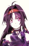  1girl ahoge armor bangs bare_shoulders breastplate detached_sleeves eyebrows_visible_through_hair hairband heimdall2 highres index_finger_raised long_hair looking_at_viewer parted_bangs pointy_ears purple_hair red_eyes red_hairband smile solo sword_art_online white_background yuuki_(sao) 
