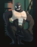 2021 abs alien anthro bottomless clothed clothing crop_top crouching hi_res himbo himbo_hooters humanoid jrjresq looking_at_viewer male marvel muscular muscular_humanoid muscular_male not_furry sharp_teeth shirt smile solo symbiote tank_top teeth text text_on_clothing text_on_shirt text_on_tank_top text_on_topwear topwear vein venom_(marvel) white_eyes 