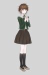  1boy absurdres black_legwear blush brown_eyes brown_hair closed_mouth commentary_request crossdressing danganronpa:_trigger_happy_havoc danganronpa_(series) fujisaki_chihiro full_body green_neckwear grey_background hands_together highres jacket jecheubo kneehighs long_sleeves looking_at_viewer male_focus otoko_no_ko own_hands_together pleated_skirt ribbon school_uniform shirt shoes short_hair simple_background skirt solo standing white_shirt 