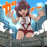  1girl :d aki_(makinoakira) bangs blue_sky blurry blurry_foreground brown_eyes brown_hair building claw_pose cloud cloudy_sky commentary_request day elbow_pads eyebrows_visible_through_hair giant giantess girls_und_panzer ground_vehicle headband kondou_taeko leaning_forward looking_at_viewer medium_hair military military_vehicle motor_vehicle open_mouth outdoors partial_commentary red_headband red_shirt red_shorts shirt short_shorts shorts sky skyscraper sleeveless sleeveless_shirt smile solo sportswear standing tank translated type_10_(tank) volleyball_uniform 