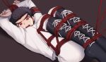  1boy arm_over_head arms_up ass bangs bdsm belt black_belt black_footwear black_hair bondage boots bound bound_wrists brown_background danganronpa:_trigger_happy_havoc danganronpa_(series) highres ishimaru_kiyotaka jacket knee_boots long_sleeves lying male_focus mizukura_ion on_back open_mouth pants red_eyes red_rope restrained rope short_hair solo upper_teeth white_jacket white_pants 